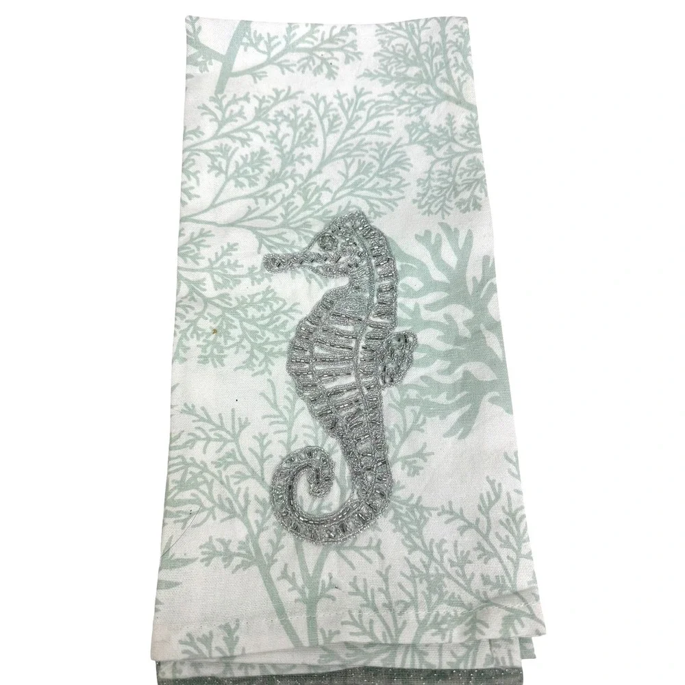 Coastal Seahorse Beaded Sage Green Coral Cotton Tea Towel Set 2pc 28x24.5